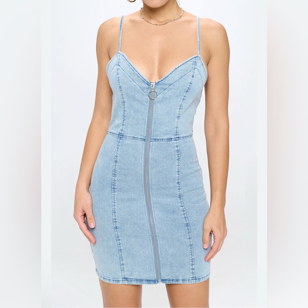 American Bazi Los Angeles ZIPPER FRONT CLOSURE DENIM BODYCON DRESS Large New - Picture 2 of 11